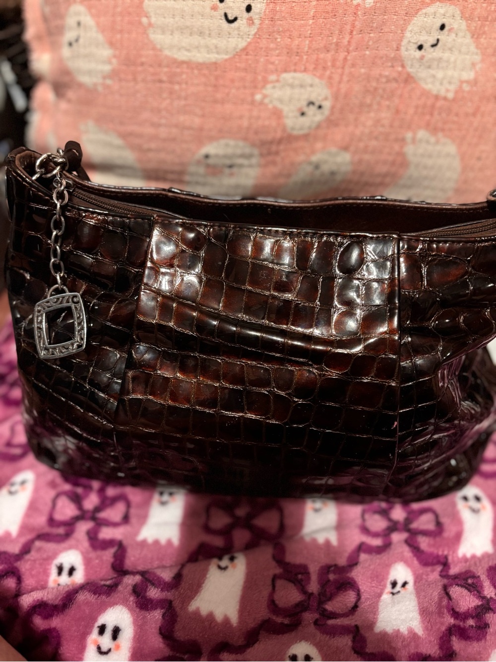 Brighton Croc-Embossed Shoulder Bag - Dark Brown